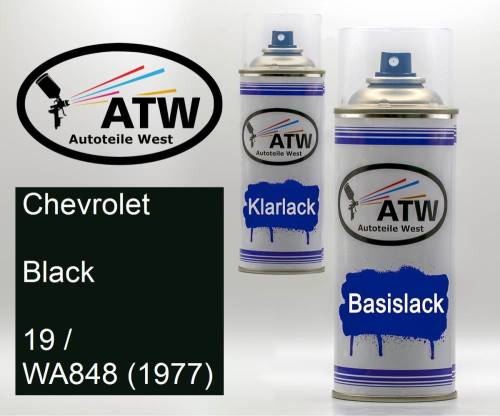 Chevrolet, Black, 19 / WA848 (1977): 400ml Sprühdose + 400ml Klarlack - Set, von ATW Autoteile West.